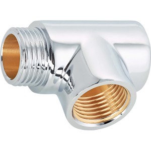 Verchromtes Messing Gewinde-T-Stück (Ø 21 mm x Ø 18,6 mm) für Trinkwasser- und Heizungsrohrinstallation.