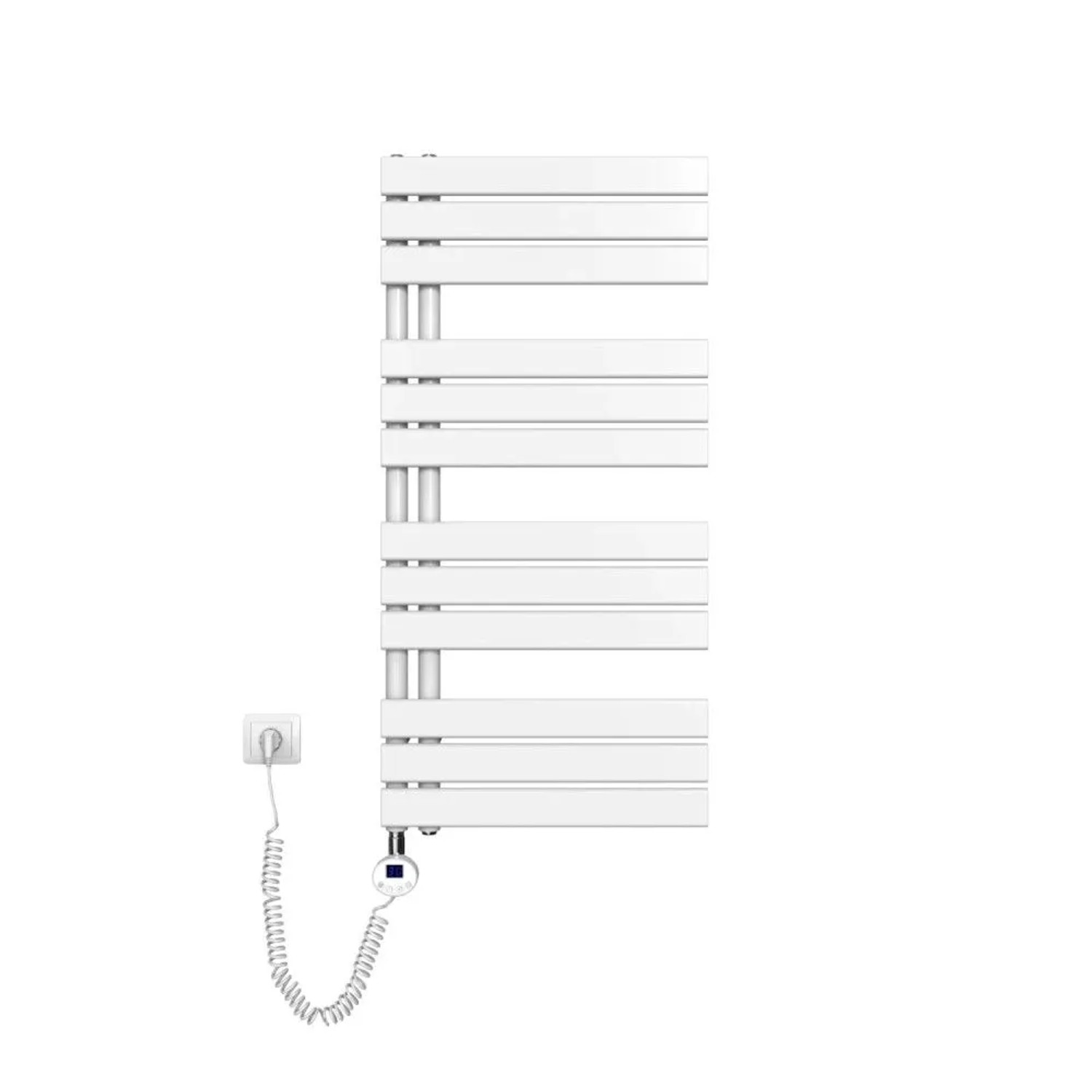 Weißer elektrischer Badheizkörper mit flachen Stangen, digitalem Thermostat und Timer. Ideal als Handtuchwärmer.