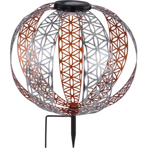 Silberne Globo LED Solar-Kugel, Ø 30cm, mit Ornamenten und Erdspieß für den Garten.
