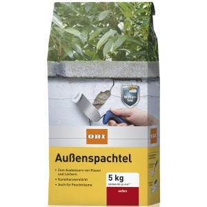Verpackung OBI Außenspachtel Weiß 5 kg, zum Ausbessern von Rissen und Löchern im Außenbereich.