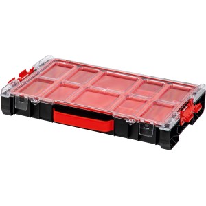 Qbrick System Organizer Pro 100 Werkzeugkoffer mit transparentem Deckel und roten Fächern.