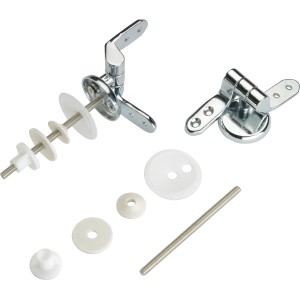 WC-Sitz Befestigungsset von Baliv: Verchromte Metallscharniere, Schrauben und Unterlegscheiben.