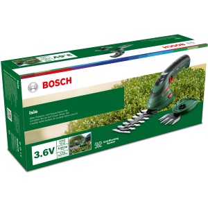 Bosch Isio Akku-Gras- und Strauchschere Set, inklusive Messer im Karton.