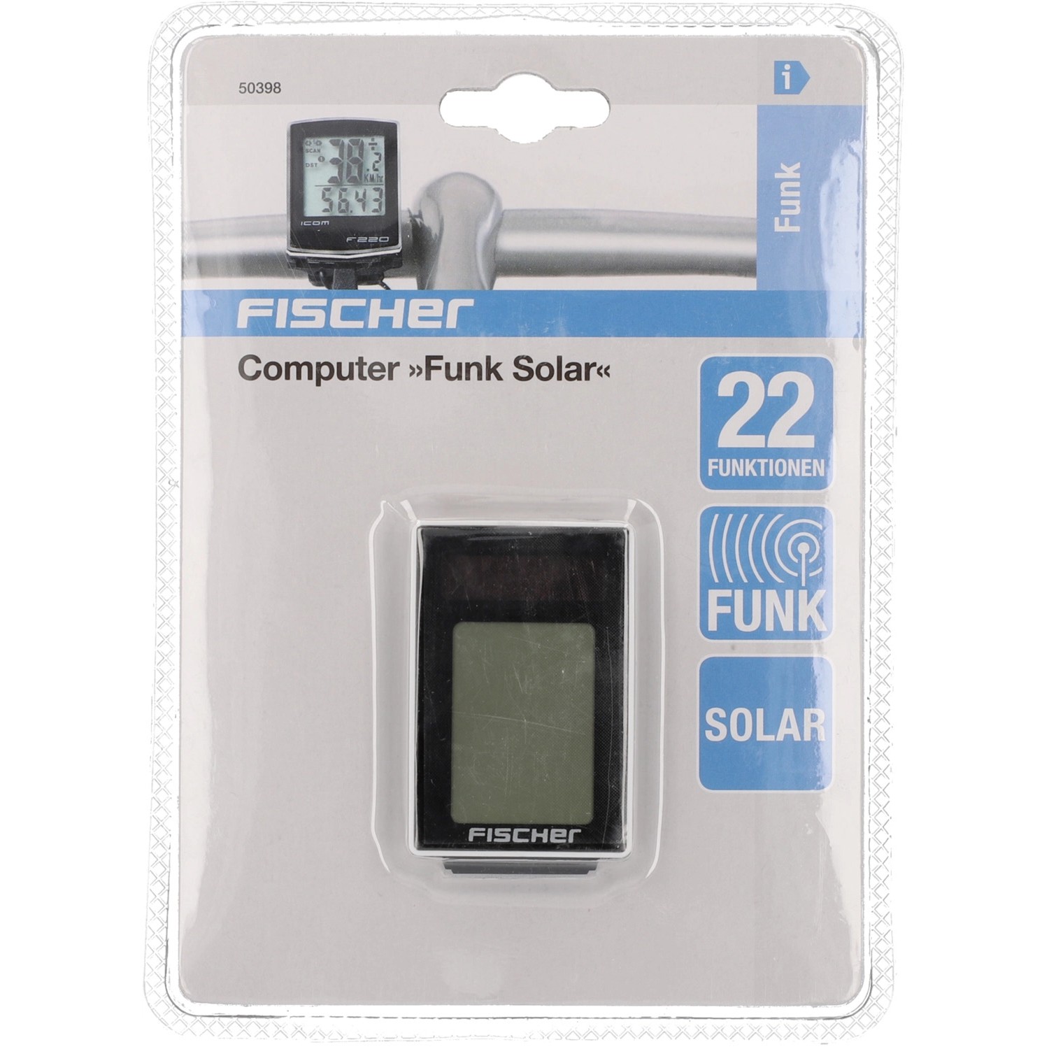 Fischer Fahrradcomputer Funk Solar, schwarz, verpackt. Kabelloser Fahrrad-Tacho mit Solarfunktion.