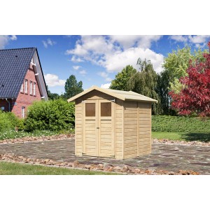 Karibu Holz-Gartenhaus, unbehandelt, 177x181 cm. Naturfarbenes Gartenhaus mit Doppeltür und Fenster.