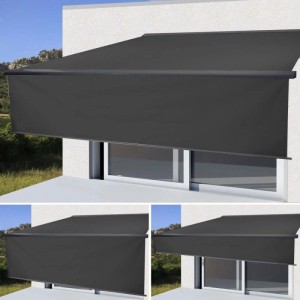 Anthrazitfarbene MCW Kassettenmarkise 4x3m mit Volant, ausfahrbar, für Terrasse oder Balkon.