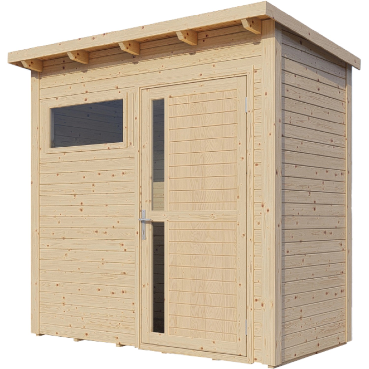 Bertilo Gartenhaus Pentus 1 aus naturbelassenem Holz mit Fenster und Tür.
