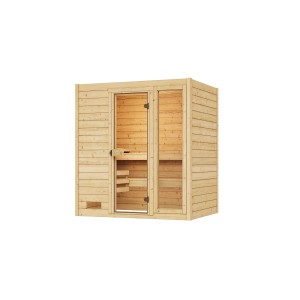 Weka Massivholzsauna Valida mit Glastür und Fenster, naturbelassenes Fichtenholz.