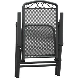 Zusammengeklappter, grauer Klappsessel Sacramento aus Stahlgeflecht für Garten oder Balkon.