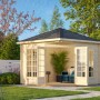 Palmako Holz-Pavillon Melanie mit offenstehenden Doppeltüren im Garten.