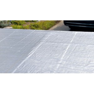 Weka Dachbahnenset für Saunahaus Naantali, silbergraue, selbstklebende Aluminium-Dachbahnen.