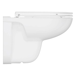 Weißes Grohe Wand-WC-Set Bau Keramik mit geschlossenem WC-Sitz. Spülrandloses Design für Hygiene im Bad.