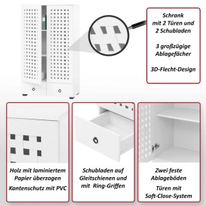 Weißer Wohnzimmerschrank mit 3D-Flechtmuster, zwei Türen, zwei Schubladen und Soft-Close-System, 138x80x36 cm.