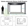 Technische Zeichnung der Weide Deluxe Plus 3x4m elektrischen Aluminium-Pergola mit Lamellendach, Maßen und Möbelbeispielen.