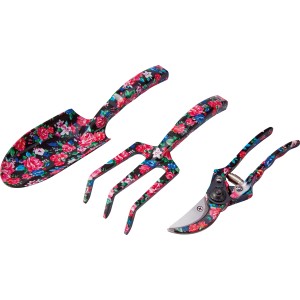 3-teiliges Gartenhandgeräte-Set mit Blumenmuster: Schaufel, Harke und Gartenschere.