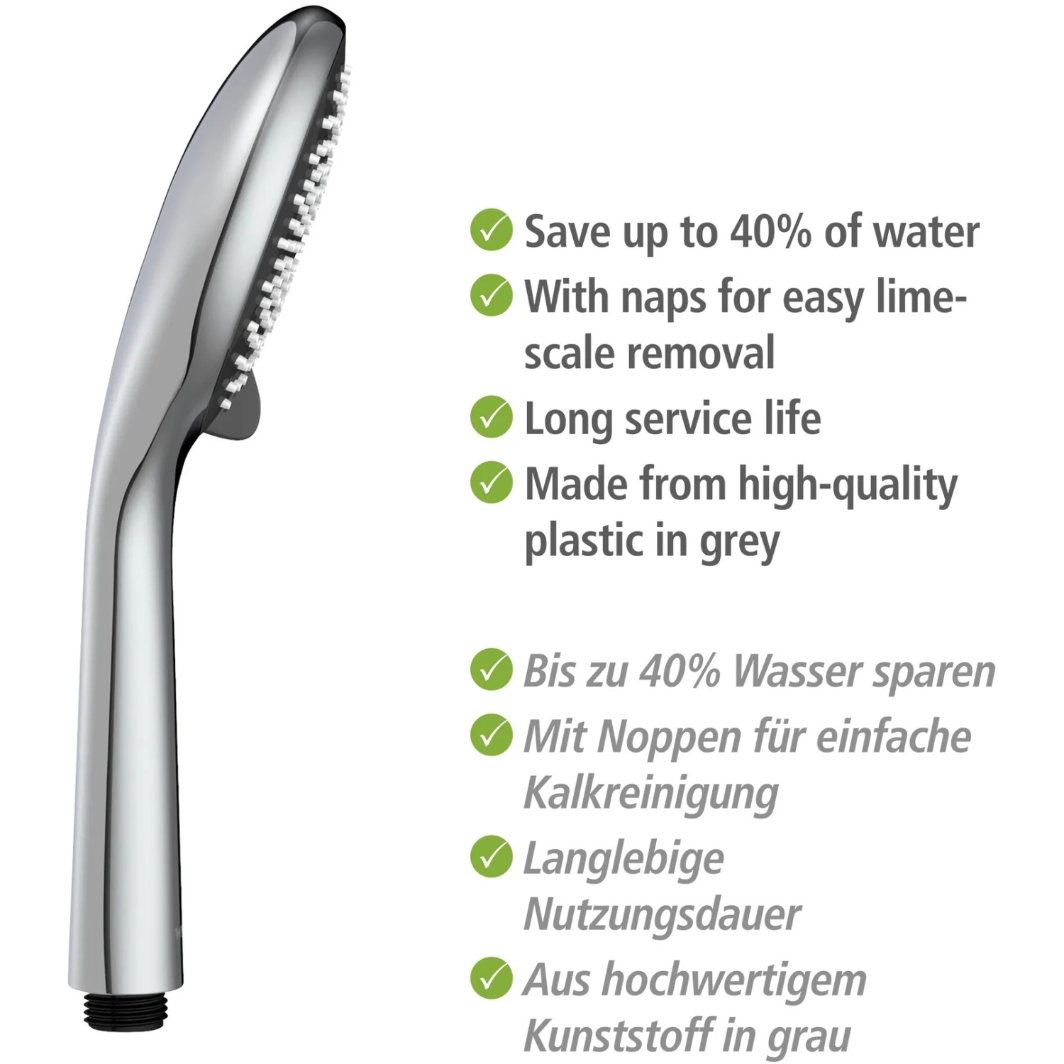 Wenko Handbrause Watersaving Chrom, Teil des Brausesets, mit Wassersparfunktion und Antikalk-Noppen.