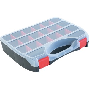 Organizer-Set, 3-teilig, für Aufbewahrung: Box mit Fächern, transparentem Deckel und Tragegriff.