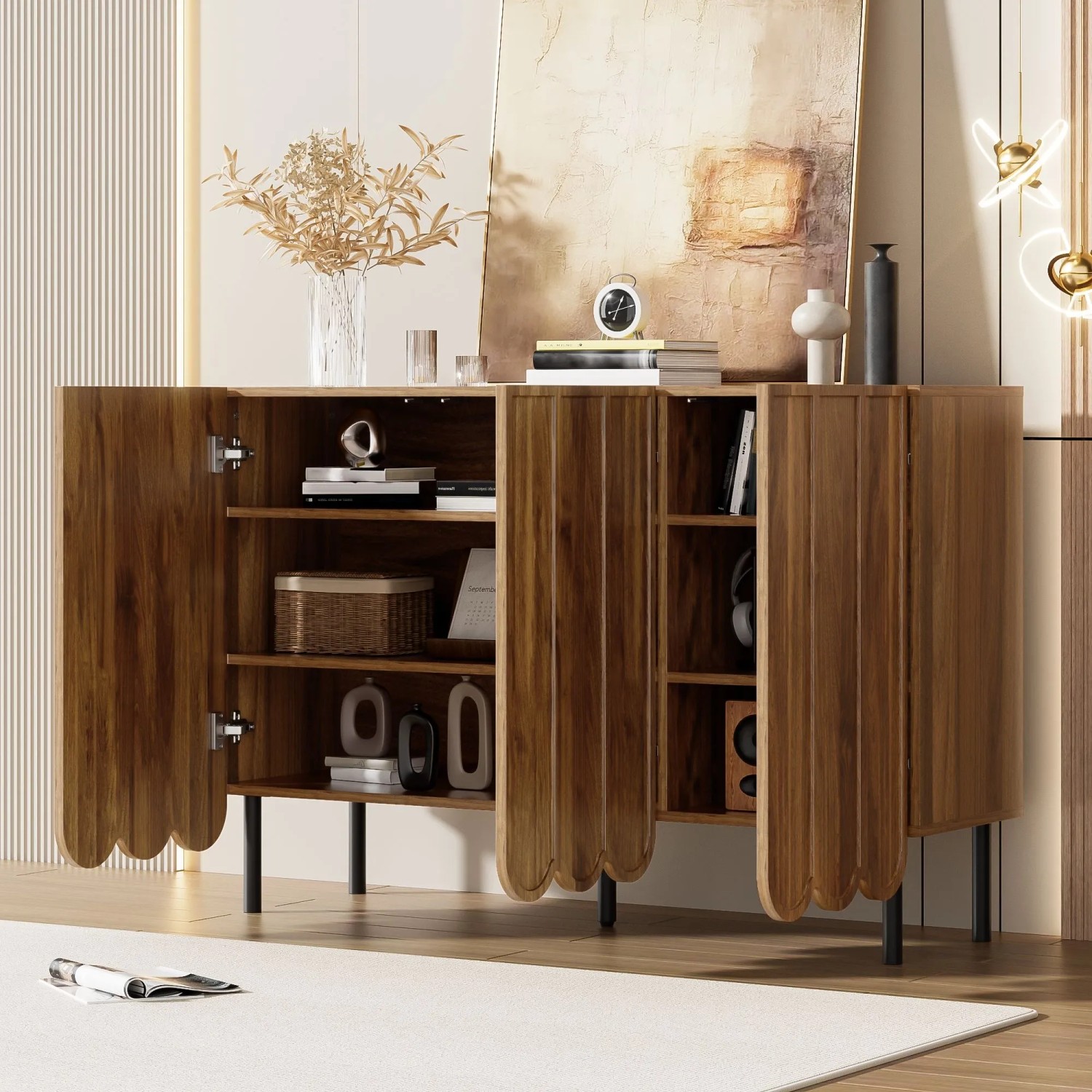 okwish Sideboard mit Wellentüren Wohnzimmer Flur Esszimmer 120x35x80cm Braun_4