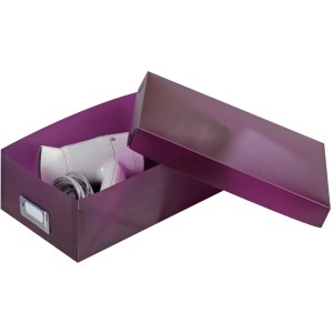 Wenko Multi-Boxen 10er Set, lila Aufbewahrungsbox mit Fön, Deckel geöffnet.