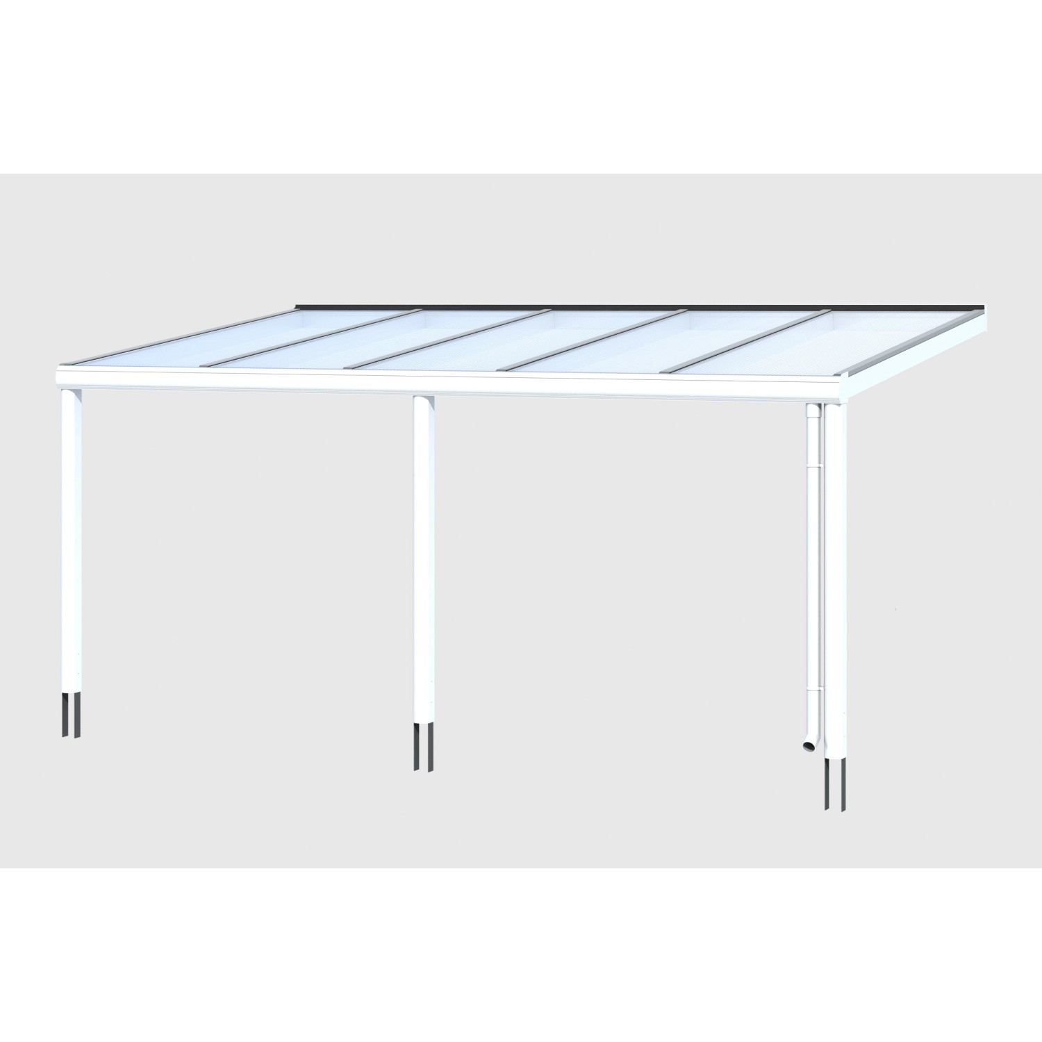 Weiße Skan Holz Terrassenüberdachung Garda mit klarer Doppelstegplatte und Aluminiumrahmen.