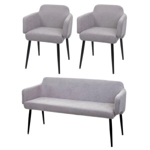 MCW Esszimmer-Set L13, 3-teilig, grau: 2 Stühle und 1 Sitzbank mit Armlehnen und schwarzen Stahlbeinen.