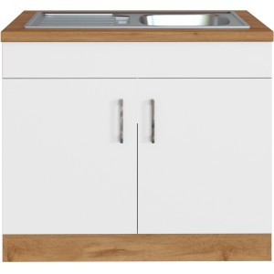 Held Möbel Spülenschrank Sorrento, 100 cm breit, weiß mit Wotaneiche-Arbeitsplatte und 2 Türen.