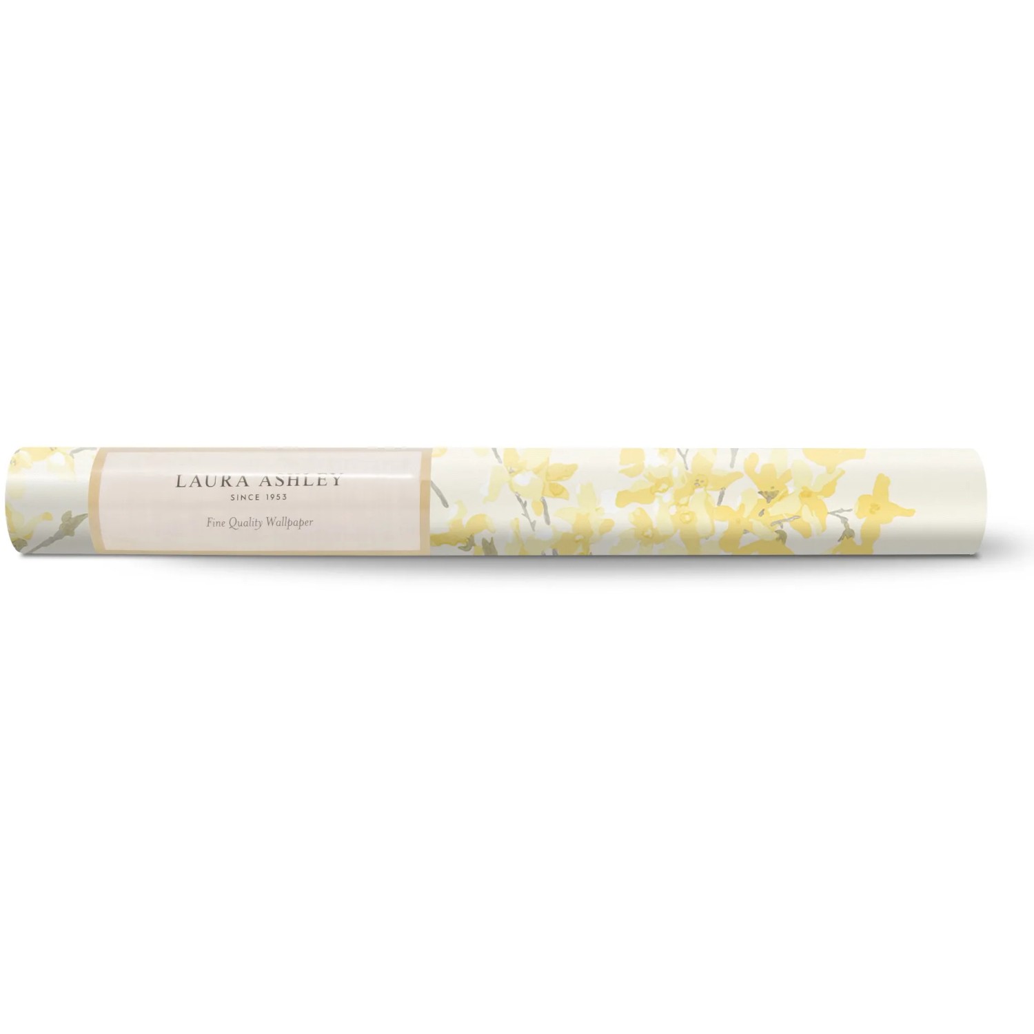 Laura Ashley Vliestapete Forsythia Sunshine, Rolle mit gelbem Blütenmuster.
