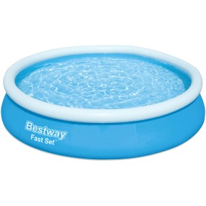 Blauer Bestway Fast Set Pool, Ø 366 cm, runder Quick-Up Pool mit Wasser und weißem Luftring.