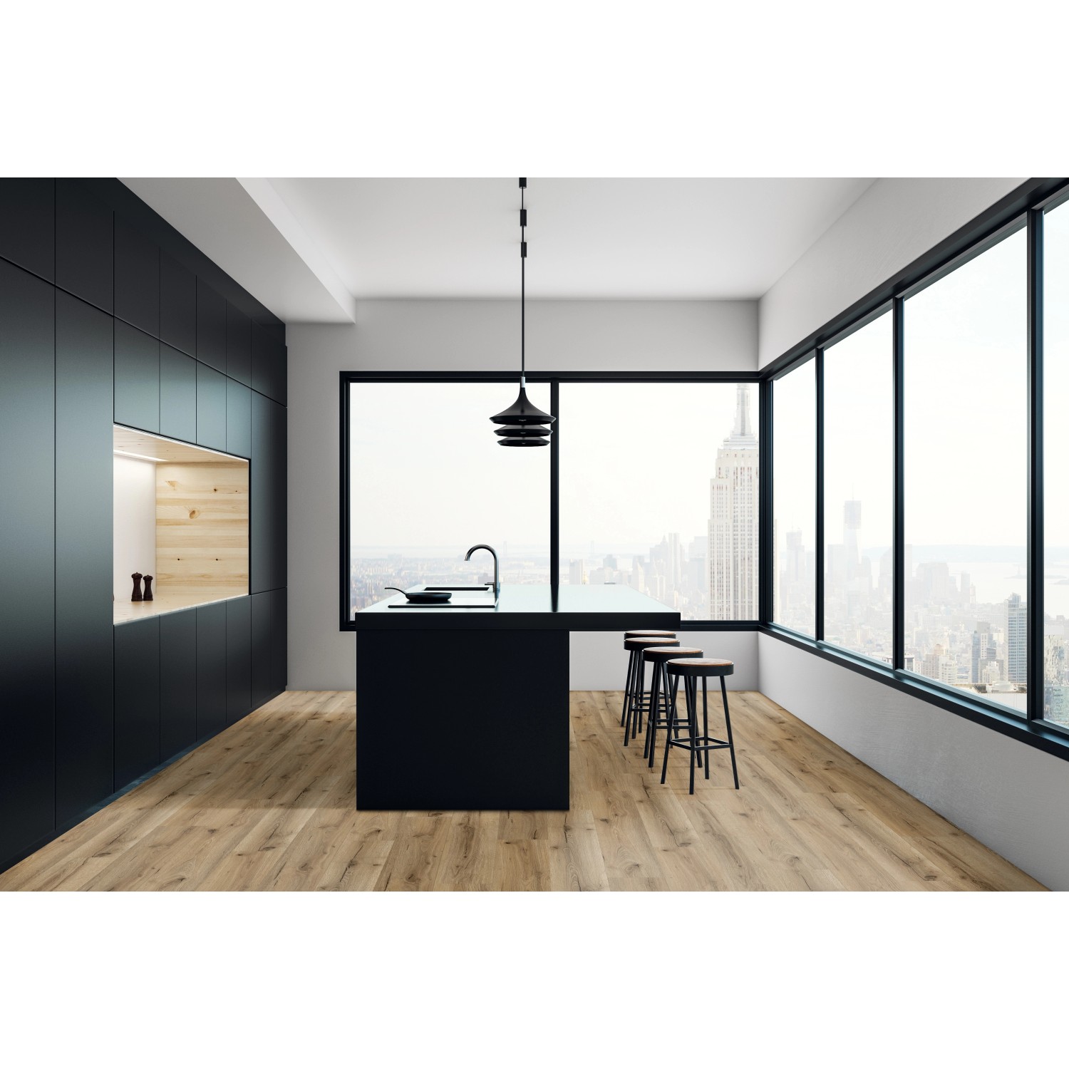 Verlegter Click-Vinylboden Mombasa Eiche in moderner Küche mit Kochinsel und Barhockern.