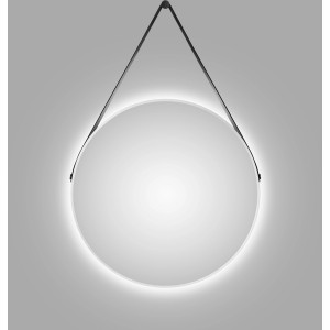 Runder LED-Lichtspiegel Silver Barbier, Ø 80 cm, weiß matt mit Lederband.