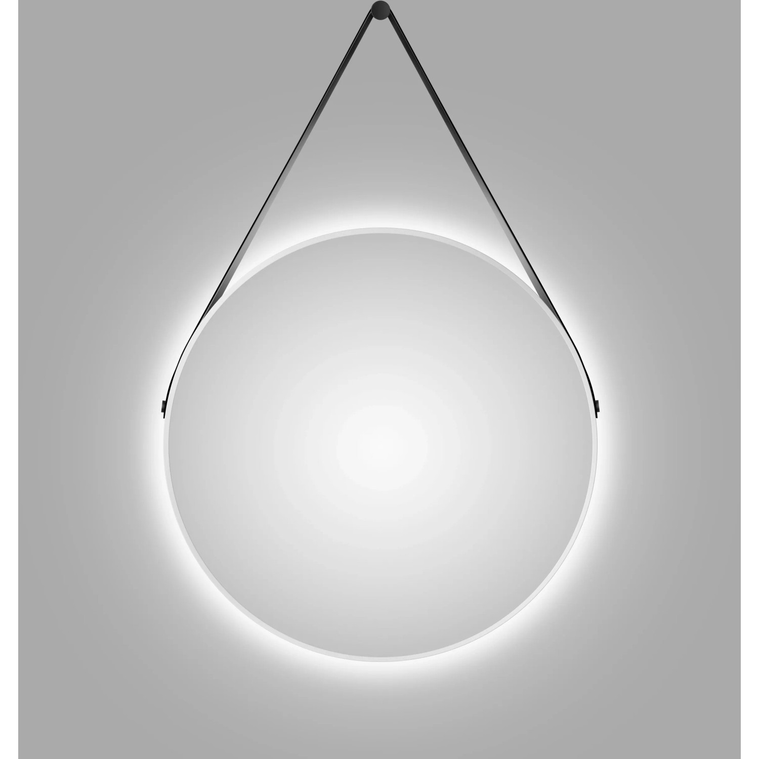 Runder LED-Lichtspiegel Silver Barbier, Ø 80 cm, weiß matt mit Lederband.