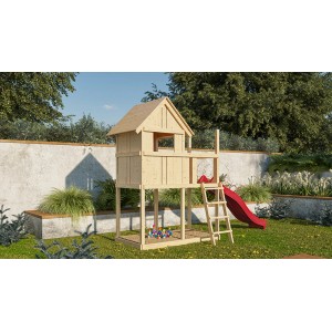 Karibu Kinderspielhaus Frieda Set mit Anbau und roter Rutsche aus naturbelassener Fichte.