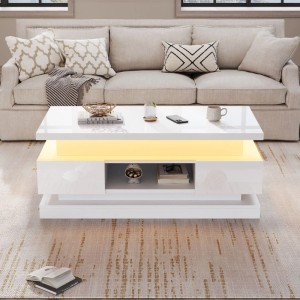 okwish Couchtisch mit LED Schubladen HöhenVerstellbar Stauraum 100x50x40cm Hochglanz Weiß