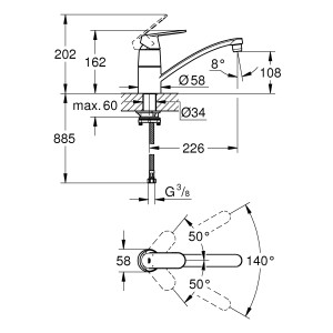 Technische Zeichnung: Grohe Eurosmart Cosmopolitan Spültischbatterie für Vor-Fenster-Montage mit Maßen.