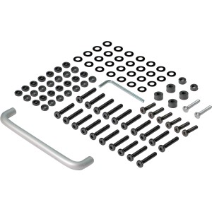 Montage-Set für Buntine Kissenbox: Schrauben, Unterlegscheiben, Griff und Werkzeug.