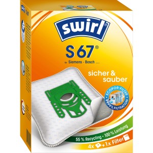 Verpackung Swirl S 67 EcoPor Staubsaugerbeutel, 4 Stück + 1 Filter, passend für Siemens und Bosch Staubsauger.