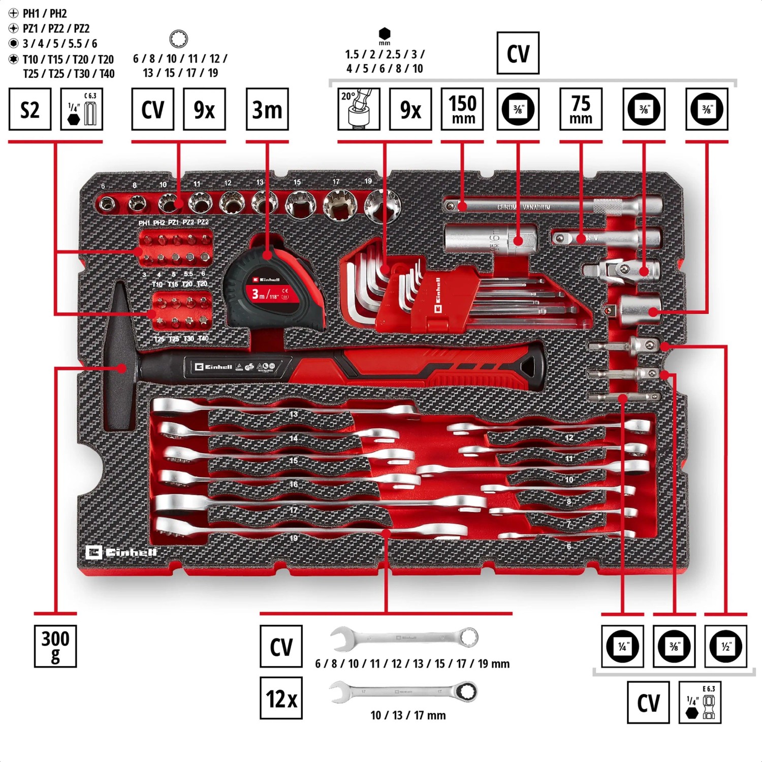 Einhell Werkzeugkoffer Universal 80-tlg. E-CASE: Werkzeugsortiment mit Hammer, Schraubenschlüssel, Zangen und Bits.