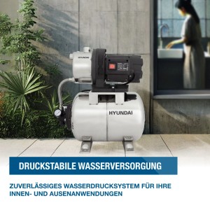 Leistungsstarkes HYUNDAI Hauswasserwerk HWW12050-IN mit silbernem INOX-Kessel, Motor und Manometer. Für Garten & Hauswasserversorgung.