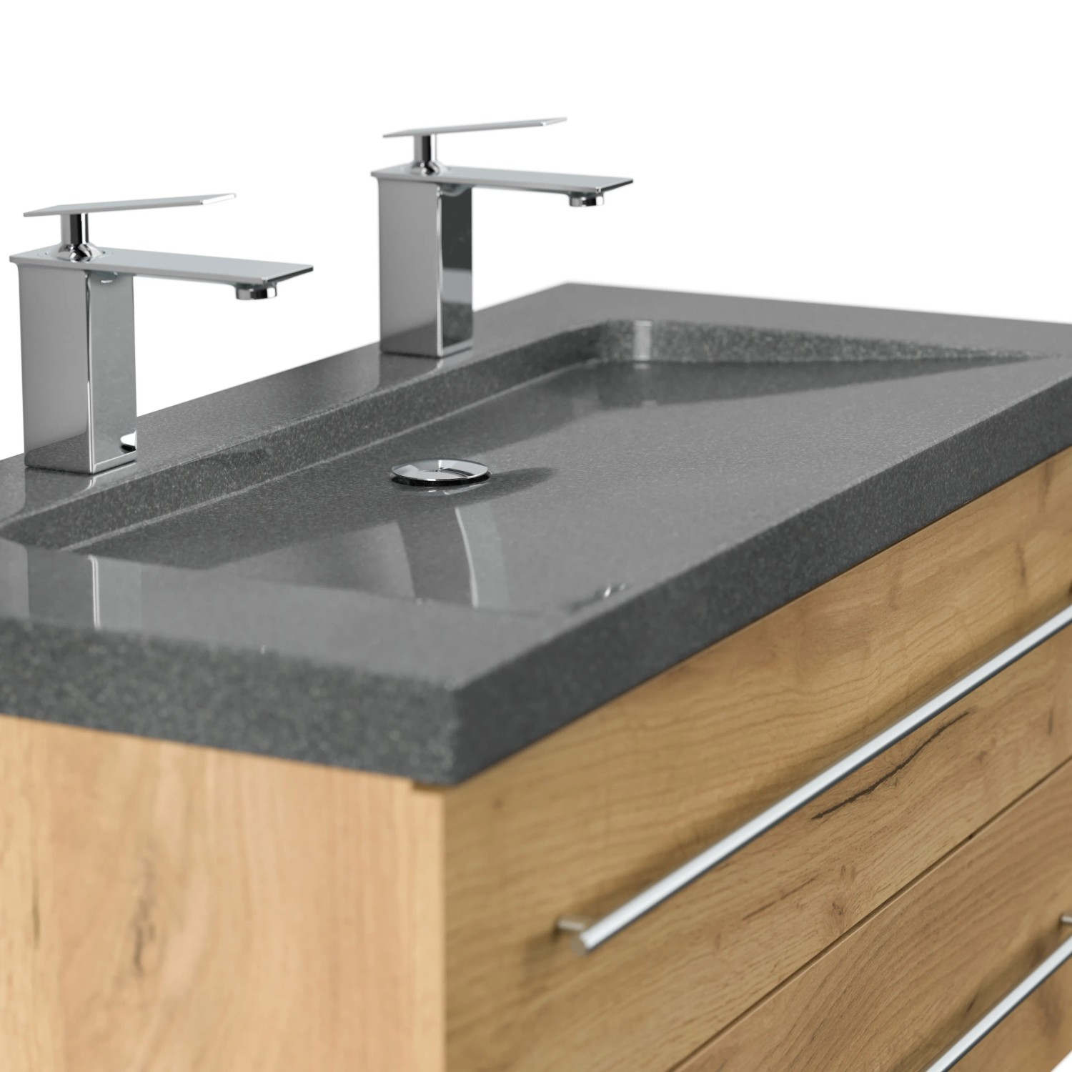 Posseik Badmöbel-Set Yamo, Eiche Gold, mit Granit-Waschbecken und zwei Hahnlöchern, 100 cm breit.