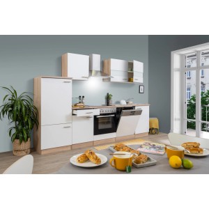 Respekta Küchenzeile KB280ESWC in Weiß und Eiche Sägerau mit E-Geräten.