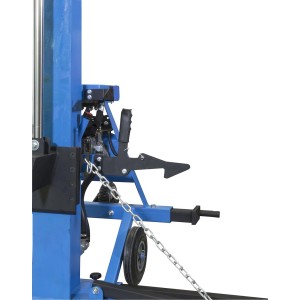 Detailaufnahme des Güde Langholzspalters GHS 1000/14TZ-A, blau, mit Stammheber und Transportvorrichtung.