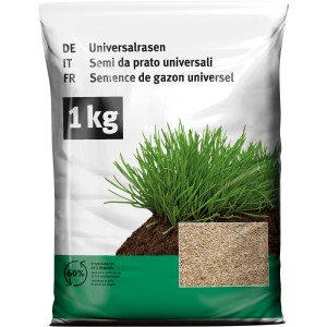 Verpackung Universal Rasen 1 kg mit Rasensamen und Gras-Illustration.