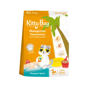Verpackung Kitty Bay Katzenstreu Pawperol Spritz, Tofu und Maniok, 10 Liter.