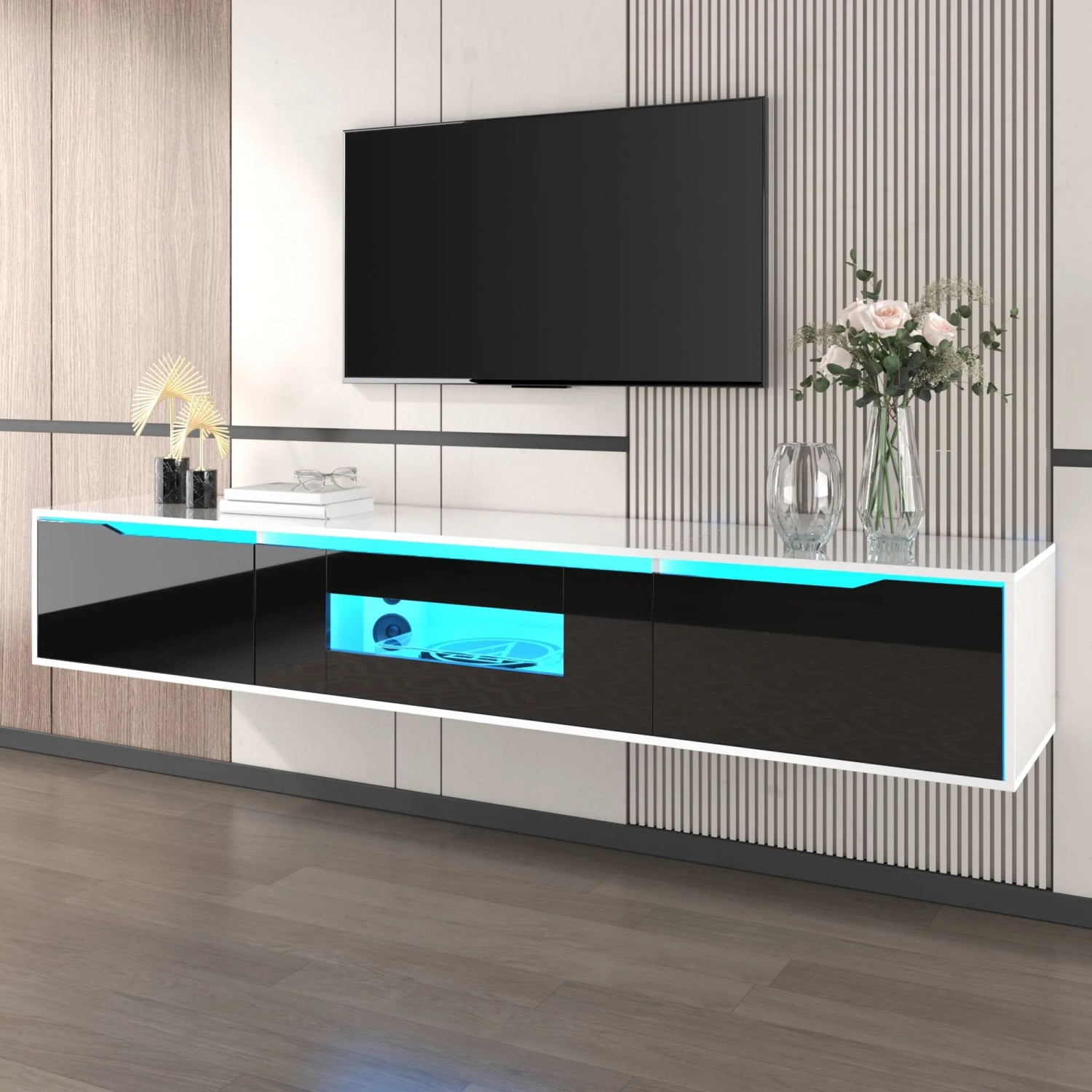 okwish TV Schrank mit LED Licht Holzoptik Glasböden 180x35x30cm Schwarz_6