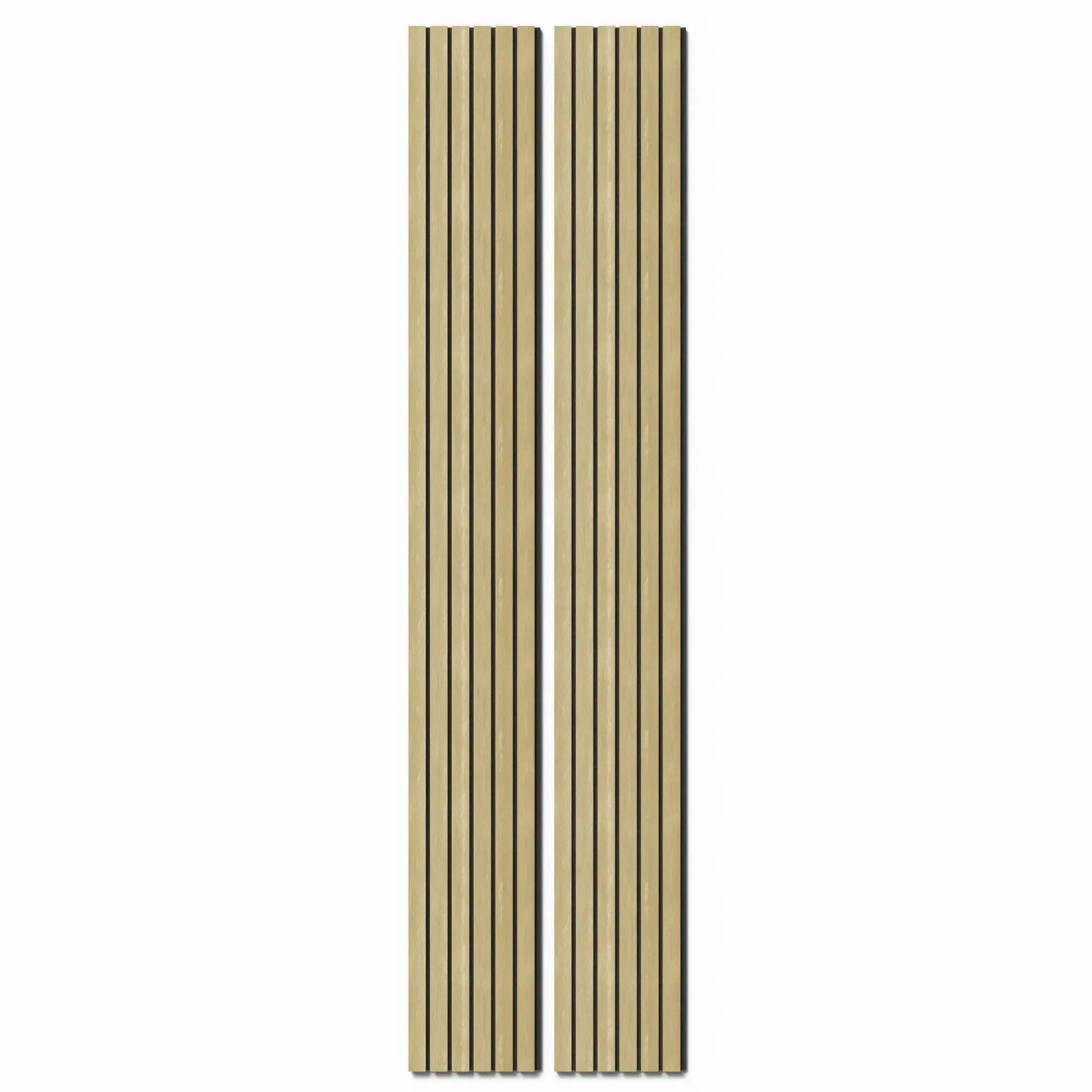 Zwei Akustikpaneele Lux Esche mit schwarzem Filz, 30x240 cm, zur Schallabsorption.