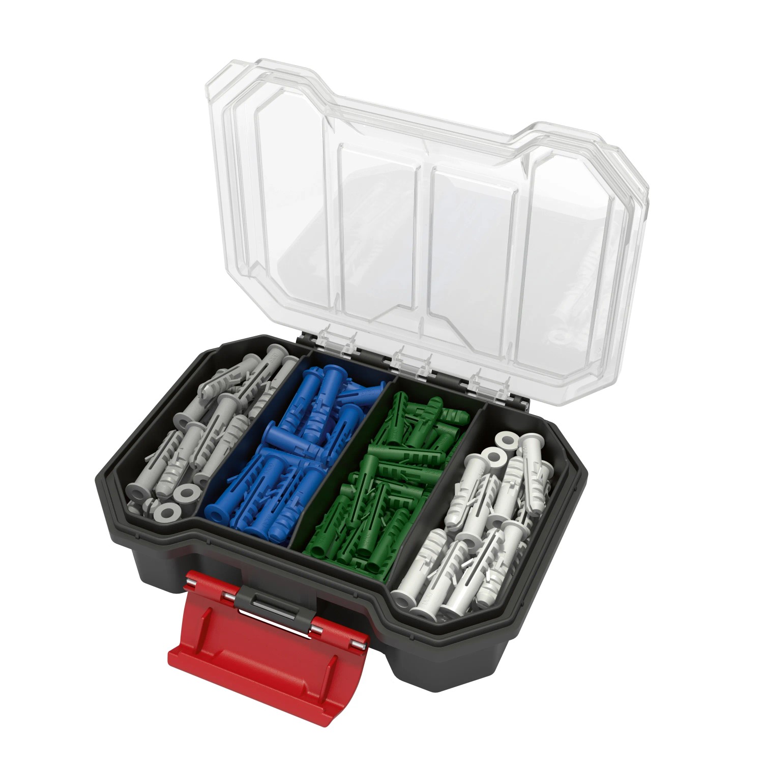 Qbrick Regular Compact Organizer Set 1 Schwarz mit farbigen Dübeln und transparentem Deckel.
