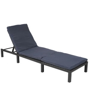 Anthrazitfarbene Poly-Rattan Sonnenliege mit grauem Kissen der Basic Ausführung.