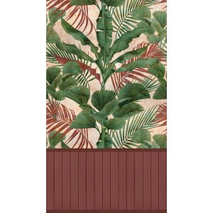 A.S. Création Vliestapete Wallpanel Dschungel, rot-grüne Blätter und Holzpaneele.