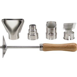 Zubehör für CMI Heißluftpistole: Düsen (Abstrahl-, Reduzier-, Reflektor-) und Spachtel.