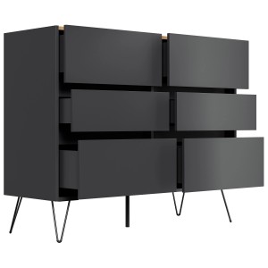 Posseik Sideboard Industrial M, 120 cm, Grafit Eiche Top, mit 6 Schubladen und schwarzen Füßen.